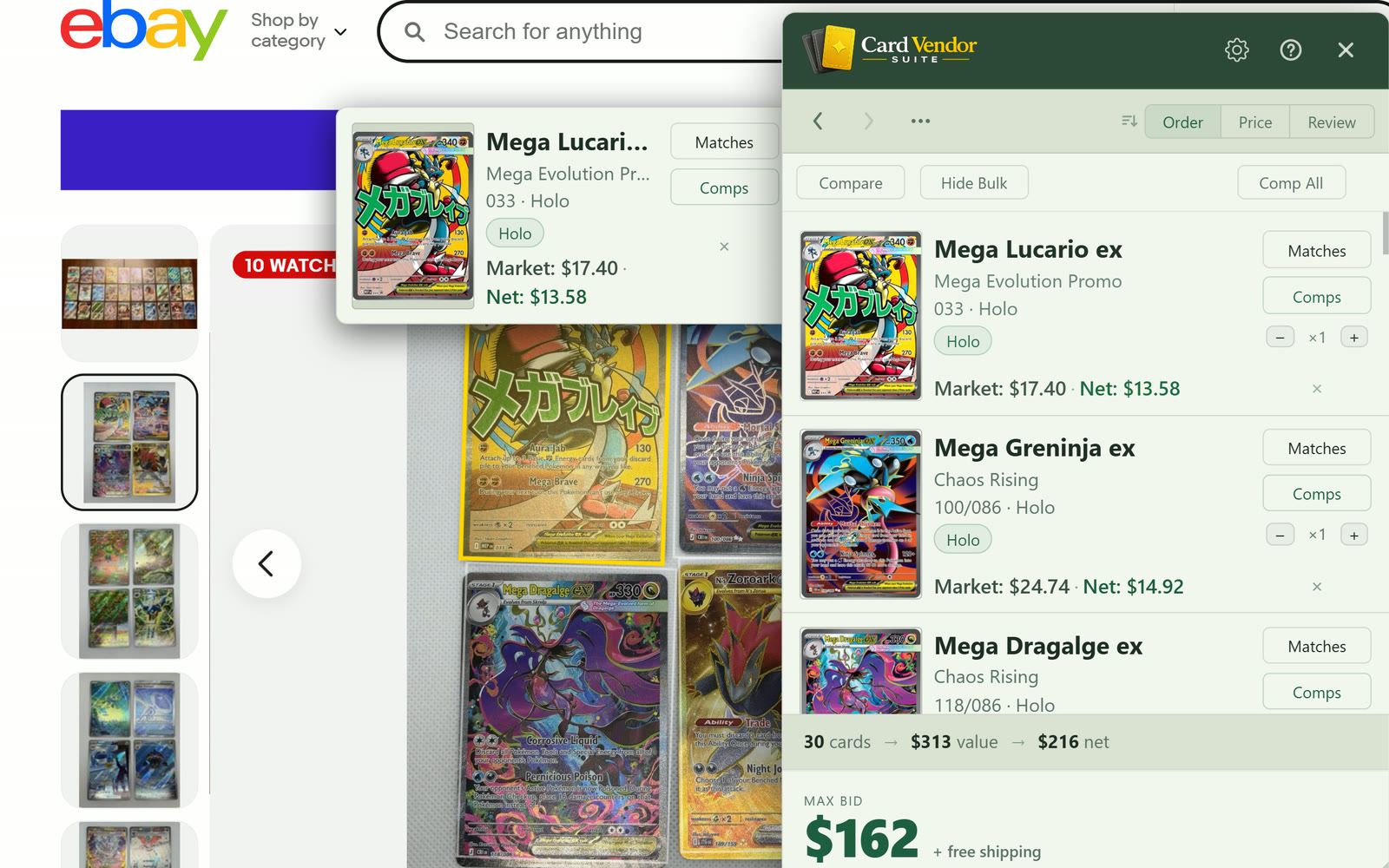 Bid Intel: browser extension pricing a 30-card eBay lot and calculating a max bid from your target ROI