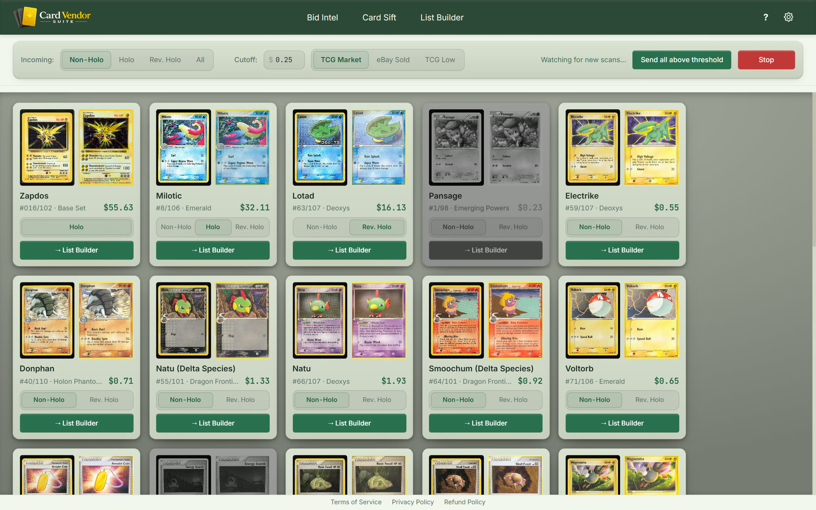 Card Sift: bulk scan results showing cards flagged above your price cutoff
