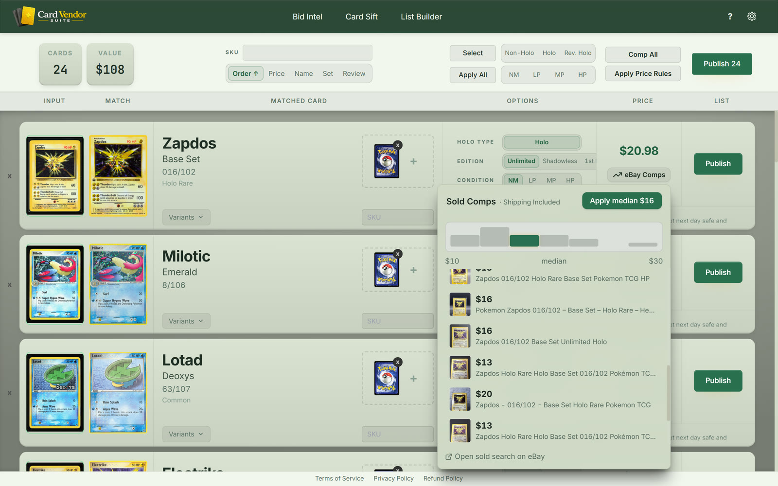 List Builder: listing queue with generated titles, descriptions, and pricing