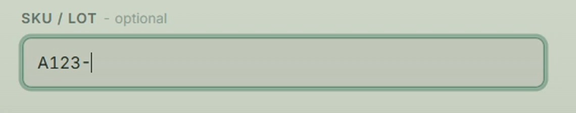 A SKU or lot prefix A123- typed once in batch details