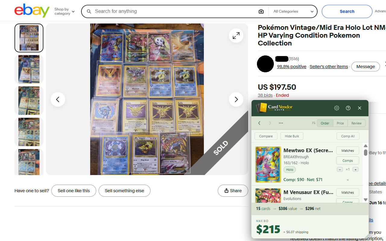 Bid Intel open on the eBay auction, calculating a $215 max bid on a 15-card Pokémon holo lot worth $386, $296 net