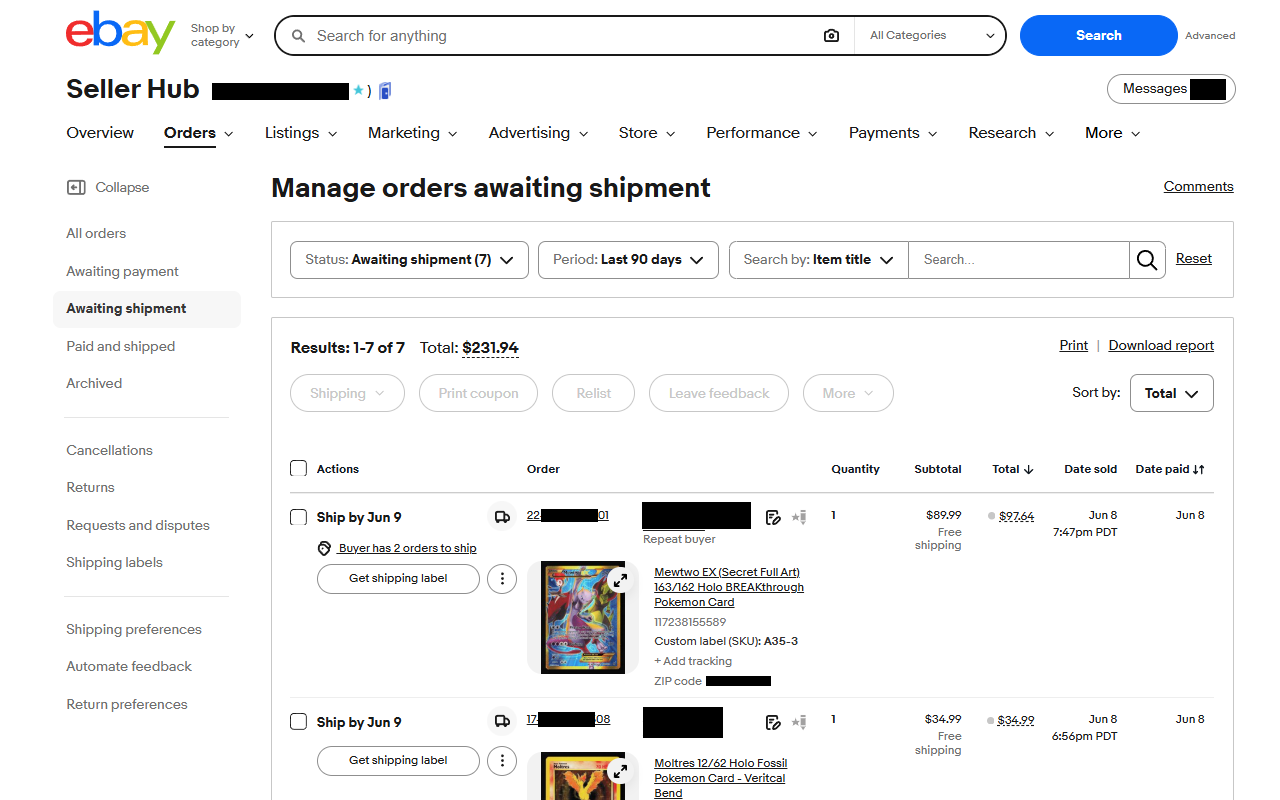 eBay Seller Hub — cards from the won lot sold, $231.94 in orders awaiting shipment including the Mewtwo EX at $89.99
